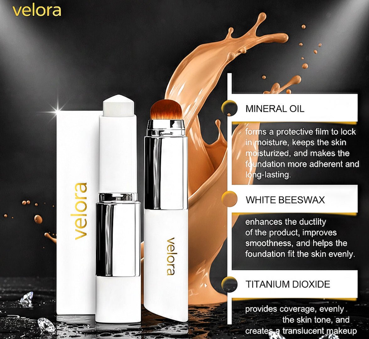 2 - in - 1 Color - Changing Foundation Stick Lightweight, moisturizing formula that brightens and evens skin tone. Adapts to all skin types for an effortless, flawless finish. - VELORA