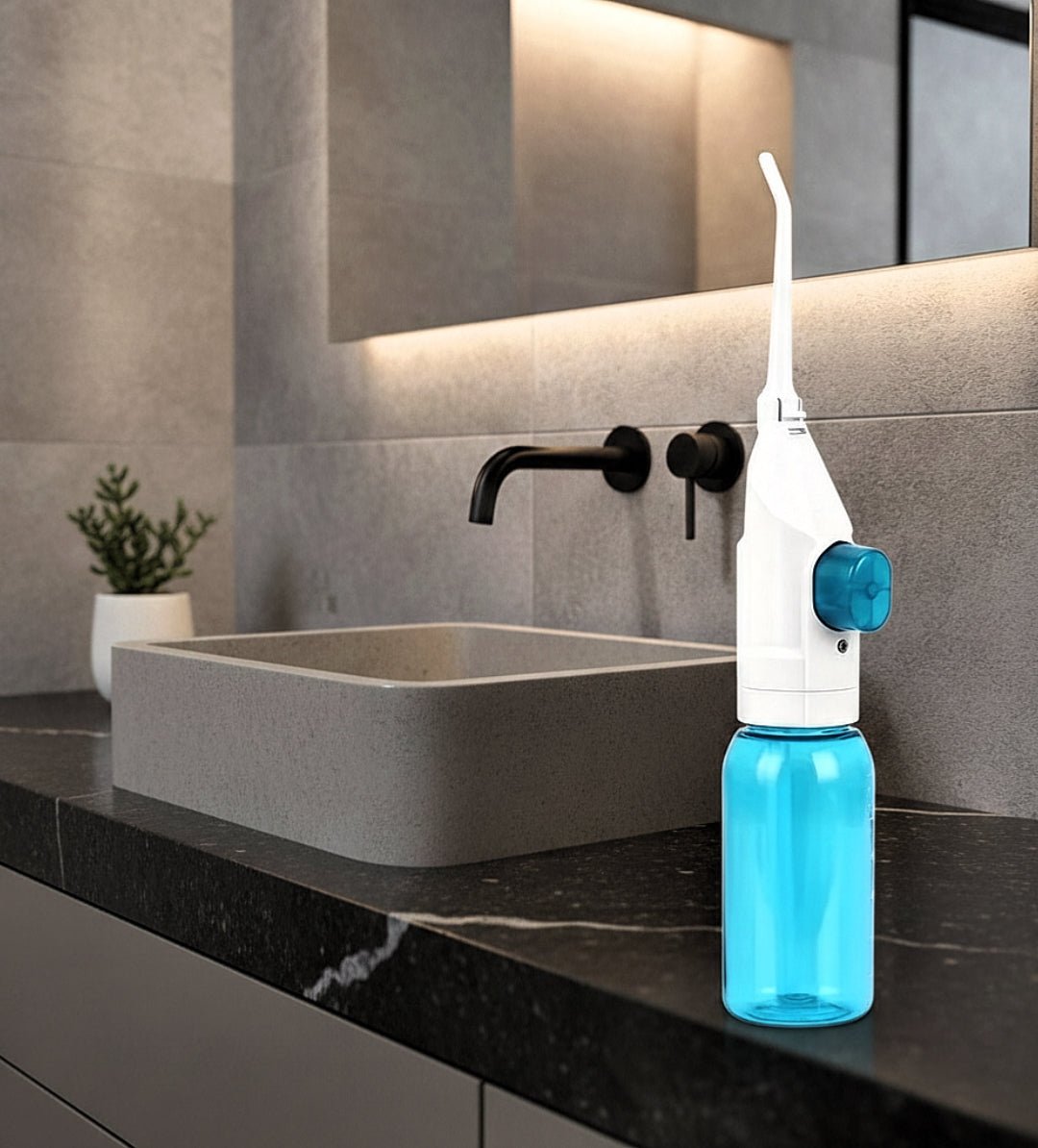 High - Pressure Portable Oral Irrigator Effectively removes food residue and plaque using powerful water pressure. Manual, easy to use, and perfect for deep teeth and gum cleaning at home or on the go. - VELORA